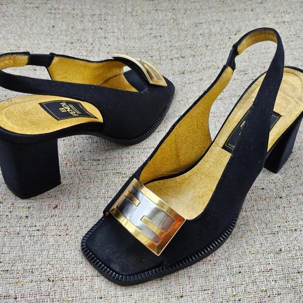Fendi Women Heel Sandal Shoes Black Satin Upper Made in Italy Size 35 authentic